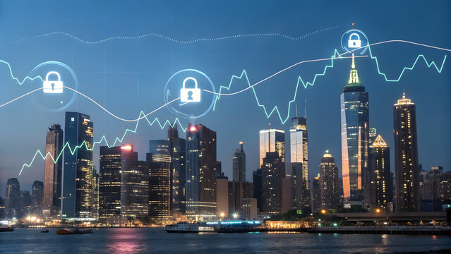 Fintech Cyber Defense Modern city skyline with digital security and financial data overlay at dusk.