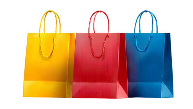 3 shopping bags in the colors yellow, red, and blue, isolated on a transparent background