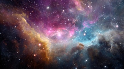 Fototapeta premium High definition photo of high definition photo of colorful cosmic nebula with stars, vibrant pink, blue, and yellow hues blend in dreamy space scene full of wonder and beauty.