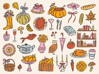 Cozy fall doodle clipart with pumpkins, hot drinks, candles, sweaters, and leaves. Hand-drawn vector set in a cute, whimsical style for seasonal designs and Thanksgiving themes