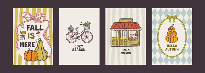 Whimsical hand-drawn Thanksgiving poster template with pumpkins, turkey, pie, and autumn leaves. Doodle-style illustration perfect for holiday menus, cards, or festive invitations.