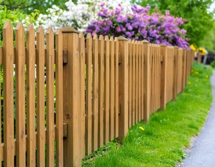 Wooden picket fence with vibrant flowers