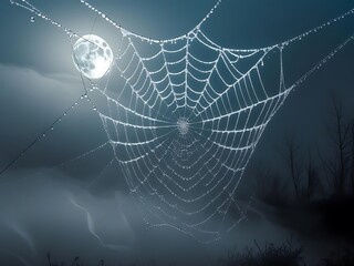 Ethereal full moon shines through dewy spiderweb in misty night