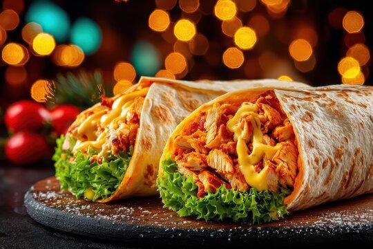 Delicious chicken burritos with fresh lettuce and cheese sauce on a festive background.