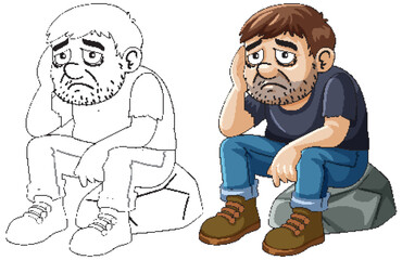 Naklejka premium Sad Man Sitting on Rock in Vector Style