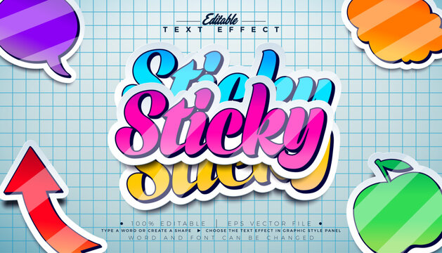 Sticker Text Effect Design Editable Illustrator Graphic Style with Customizable Colorful Doodle Font on Checkered Paper Background. Vector Premium Typography Lettering Illustration for Education