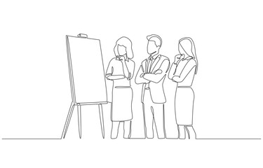 Continuous one line drawing of businesspeople standing together thoughtfully in front of presentation board, business meeting, brainstorming session, strategic planning concept, single line art