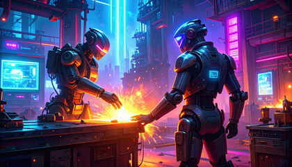 Fototapeta premium Futuristic AI Robotic Arm Welds Glowing Steel Plates. Cyberpunk Industrial Lab.
