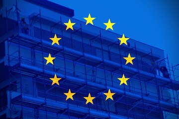 Building with the eu flag as background.