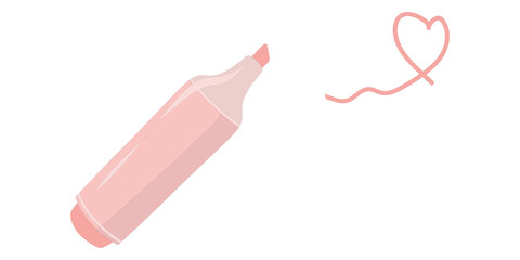 Pink highlighter with heart vector, Single pastel highlighter illustration, Cute marker drawing element