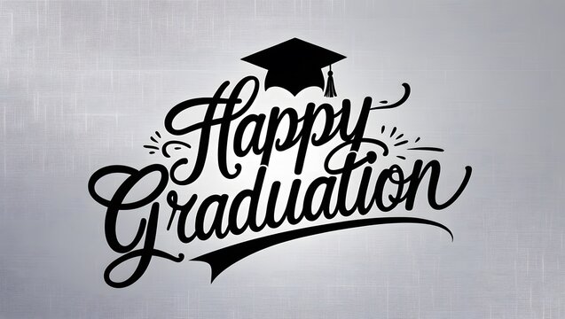 Elegant graphic illustration celebrating academic achievement, featuring 'Happy Graduation' typography and a classic academic cap. Ideal for congratulating graduates on their success.