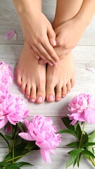 Woman's manicured hands and feet with flowers