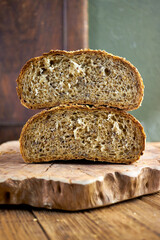 Rustic artisan bread photography series showing stacked loaves, sliced bread with milk, and country-style food compositions on wooden backgrounds, highlighting organic bakery and farmhouse lifestyle