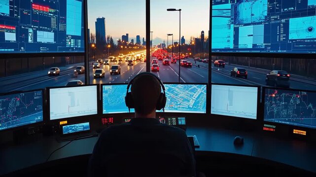 Traffic controller monitoring city highway on multiple screens, evening cityscape.
