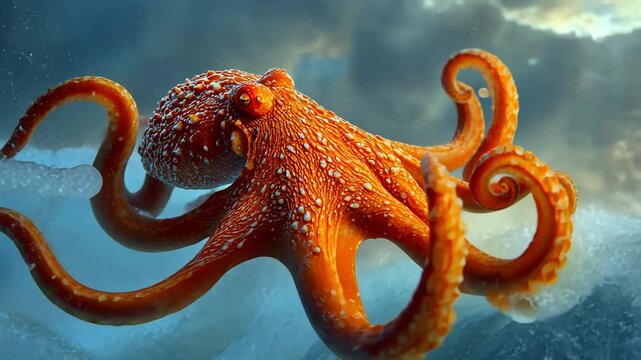 Giant octopus rising from stormy ocean waves
