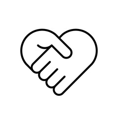 Handshake heart line icon. Friendship idea. Partnership, trust, and unity symbol. Two hands shaking forming a heart shape. Teamwork, collaboration, business agreement concept. Vector illustration. 