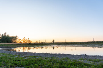 Small pond in beautiful sunset lights. Summer landscape.