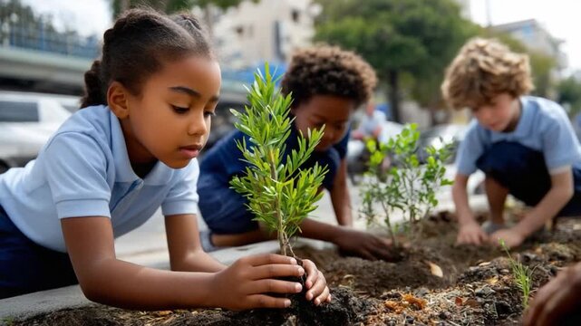 Youth Planting: A group of young children diligently plant saplings, embodying youthful exuberance and hope for a greener, more sustainable future. 