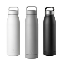 Three modern reusable water bottles in white grey and black isolated on transparent background