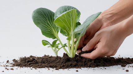 Hands planting bok choy seedling in soil