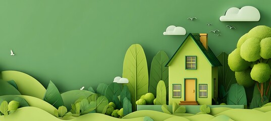 Green home promotion graphic with eco house and copy space 