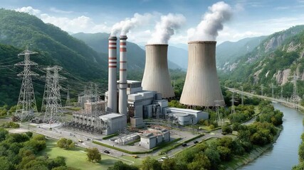 Power Plant and Electric Transmission: An industrial landscape of a power plant with cooling towers and electric transmission in a green environment, highlighting the interplay of industry and nature. - Powered by Adobe
