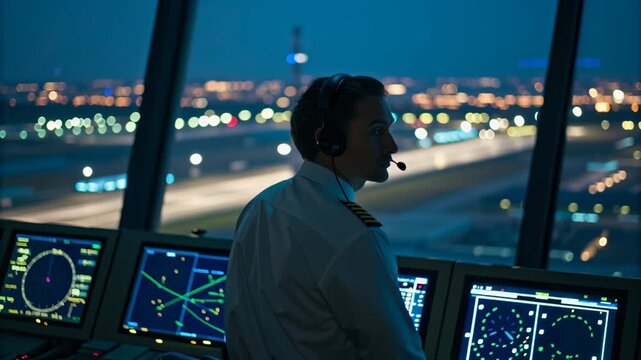 Air traffic controller airport control tower night radar runway aviation technology monitors flight disruption night airport control tower with