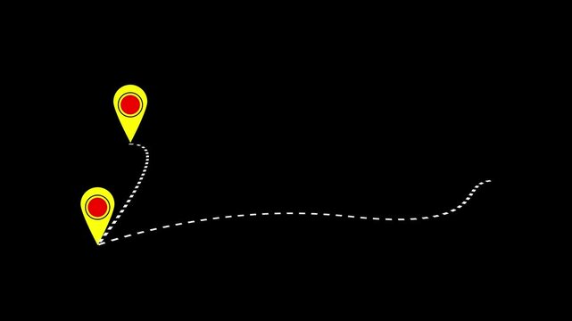 Navigation icon and red checkpoint icon. Loop animation on black background. motion graphic delivery service route drawn in flat style..