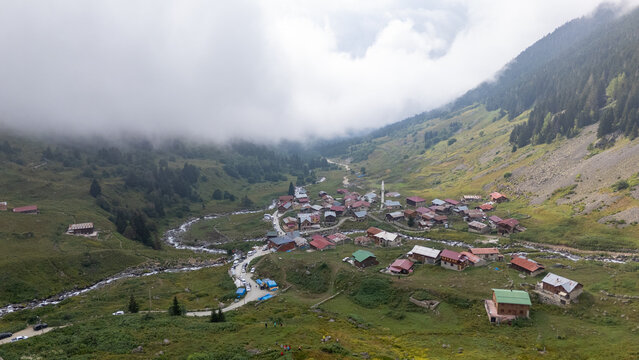 Fog rolling over Elevit Highland in Camlihemin, Rize, Turkiye, Black Sea region