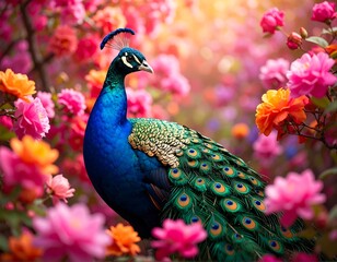 Obraz premium Peacock among vibrant flowers