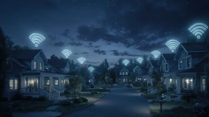 Fototapeta premium High definition photo of high definition photo of homes with Wi-Fi connectivity symbols animated at night. Modern American residential area. Digital infrastructure and connectivity.