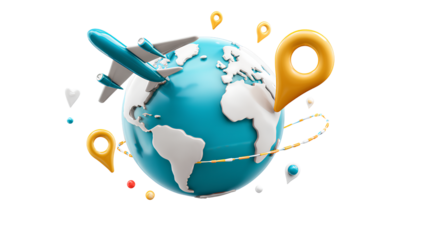  3D icon of a globe with a location pin and a plane, transparent background, PNG file 