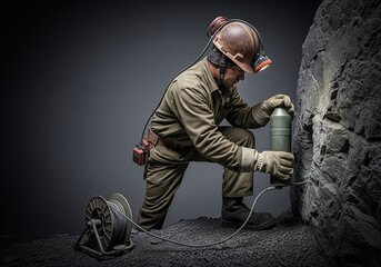 Portrait of a dedicated miner in protective gear drilling into a rock face in a dark underground quarry.