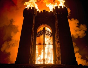 Fiery medieval tower at night