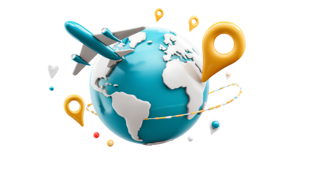  3D icon of a globe with a location pin and a plane, transparent background, PNG file 