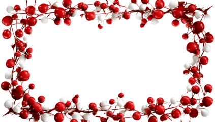  3D Christmas wooden photo frame with red and white berries, isolated on a transparent background