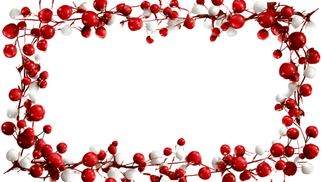  3D Christmas wooden photo frame with red and white berries, isolated on a transparent background