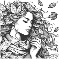 Fototapeta premium serene woman with flowing hair and leaves, evoking nature, fantasy, and seasonal transformation sketch engraving generative ai fictional character raster illustration. Scratch board. Black and white.