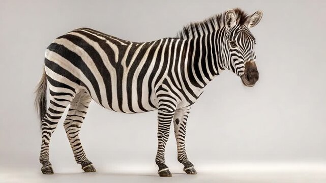 Zebra walking, with distinctive black and white stripes, against a soft white background