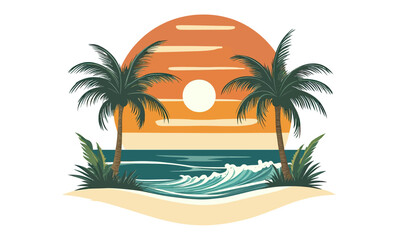 Fototapeta premium Minimalist tropical beach sunset with palm trees, ocean waves, and sandy shore vector illustration for travel and summer getaway concepts