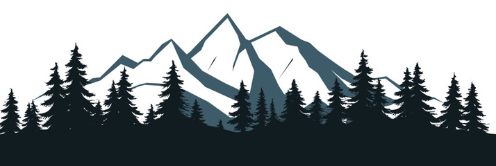 Minimalist flat vector illustration of mountain range with pine tree silhouettes and snowy peaks outdoor nature landscape design element for adventure and hiking themes
