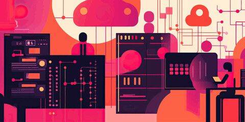Obraz premium flat vector illustration of cloud computing network technology with data storage servers connected by digital circuit lines in abstract futuristic style