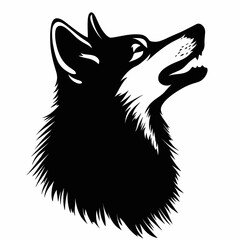 Obraz premium Minimalist black and white wolf head silhouette with fur texture and open mouth in flat vector style for wildlife or nature design concept illustration