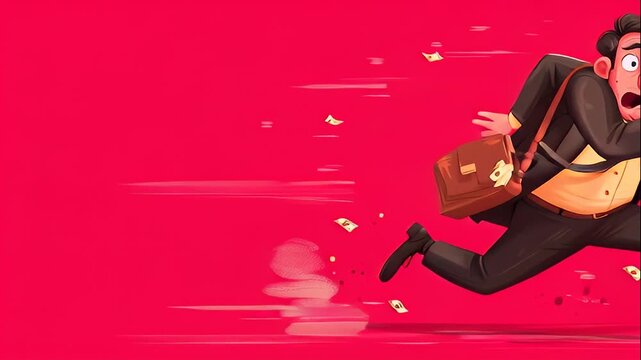 Worried businessman running in hurry with phone and briefcase, panic and stress from being late to office