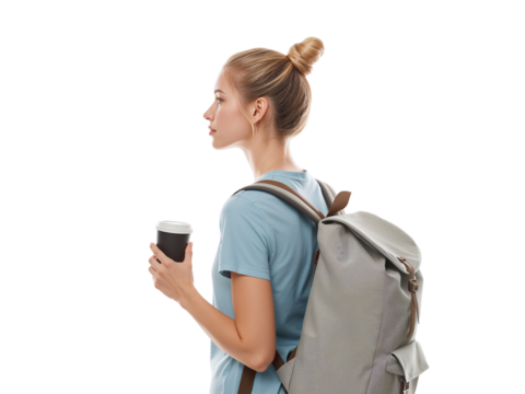 Young woman in profile with backpack and coffee cup, ready for adventure with transparent aura - Powered by Adobe