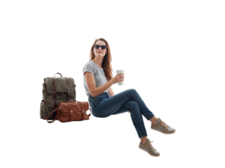 Stylish young woman with coffee and travel bags isolated on a transparent background