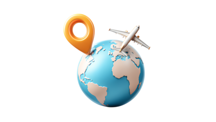 3D icon of a globe with a location pin and a plane, transparent background, PNG file
