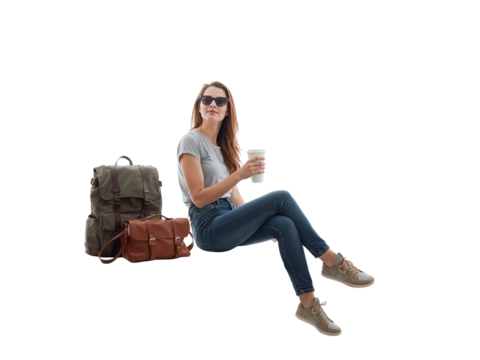 Stylish young woman with coffee and travel bags isolated on a transparent background - Powered by Adobe