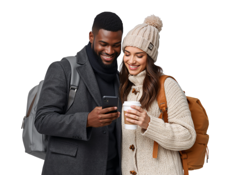 Stylish young couple enjoy smartphone content and coffee on an isolated background with - Powered by Adobe