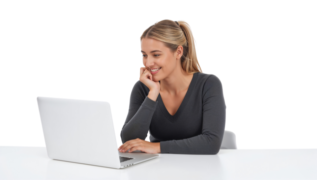 Smiling blonde woman using a laptop, sitting at a white desk against isolated transparent backdrop